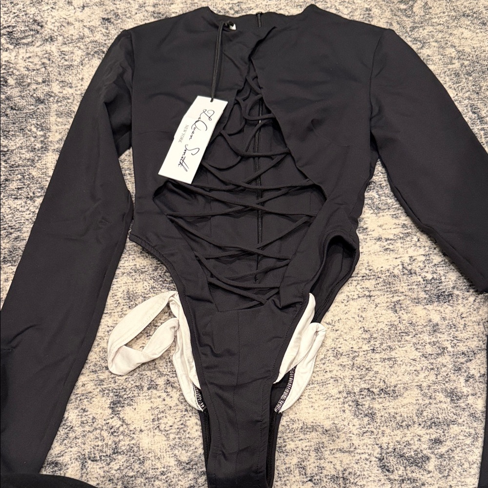LaQuan Smith Black Lace-Up One Piece